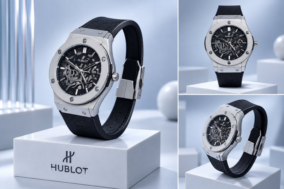 Hublot Chrono Leather Strap Watch ( BK & silver )