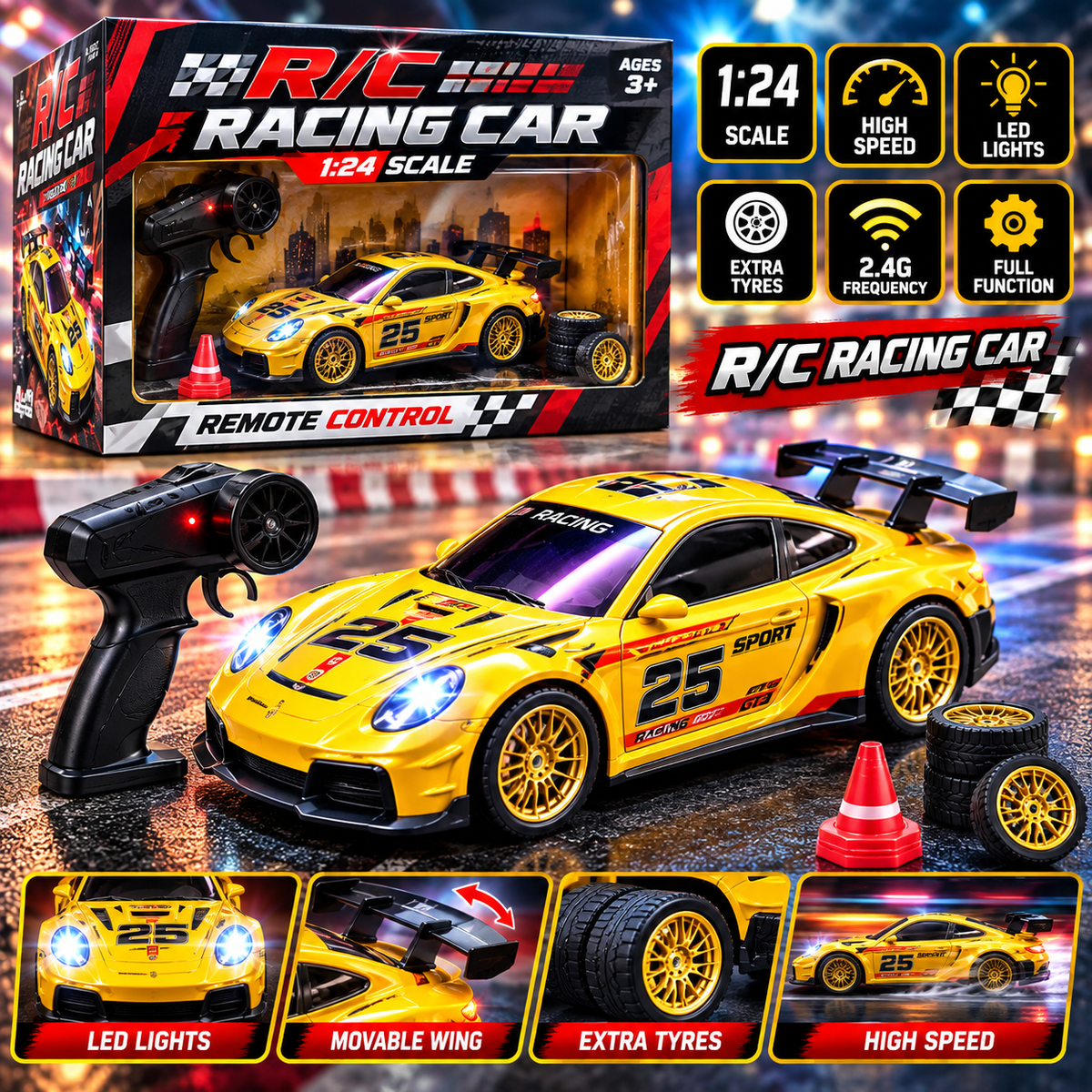 ToyBoi Championship RC Drift Racing Car, 2 in 1 with LED, 4WD, Simulation Drift Function, Yellow