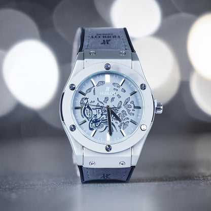 Hublot watch (abstract patterns and a grey strap)