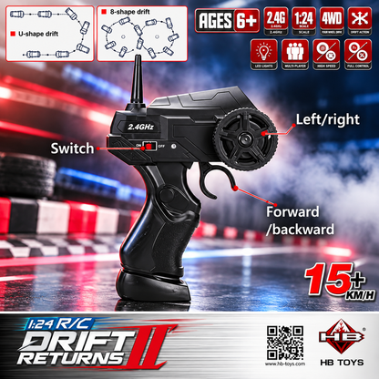 Remotecar, RC Drift Car 1:24, Remote Controlled Car for Kids, 15km/h, 4WD, with Lights, Batteries, Remote ControlledCar, Gift for Boys and Children