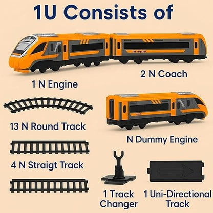 Vande Bharat Toy Train with Track Set for Kids, Interlocking Multiple Railway Track Layout, Electric Express Bullet Train Railway Coaches Tracks Changer Fun Gift,Orange Edition
