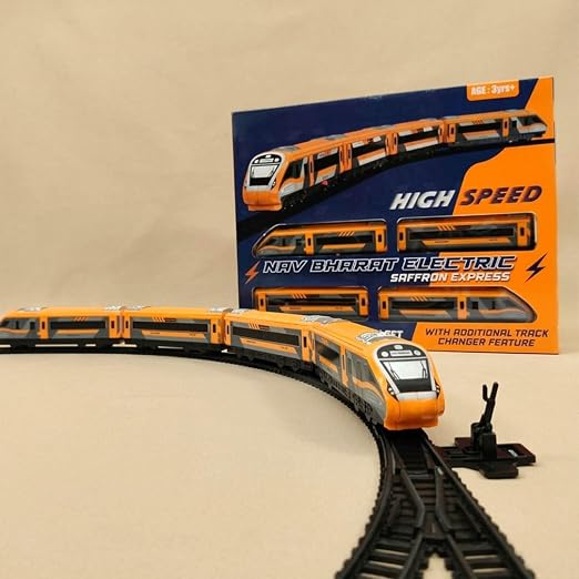Vande Bharat Toy Train with Track Set for Kids, Interlocking Multiple Railway Track Layout, Electric Express Bullet Train Railway Coaches Tracks Changer Fun Gift,Orange Edition