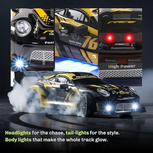 emote Control Drifting Racer RC Car with Multi-LED Lights, Durable Body, (Yellow)