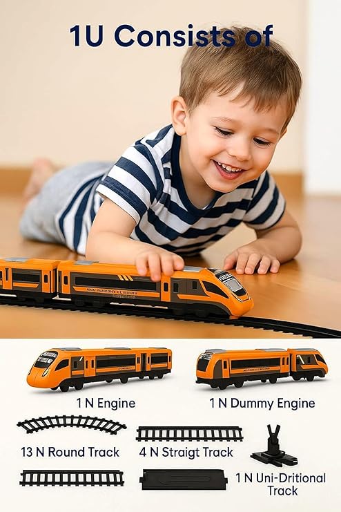 Vande Bharat Toy Train with Track Set for Kids, Interlocking Multiple Railway Track Layout, Electric Express Bullet Train Railway Coaches Tracks Changer Fun Gift,Orange Edition