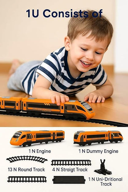 Vande Bharat Toy Train with Track Set for Kids, Interlocking Multiple Railway Track Layout, Electric Express Bullet Train Railway Coaches Tracks Changer Fun Gift,Orange Edition