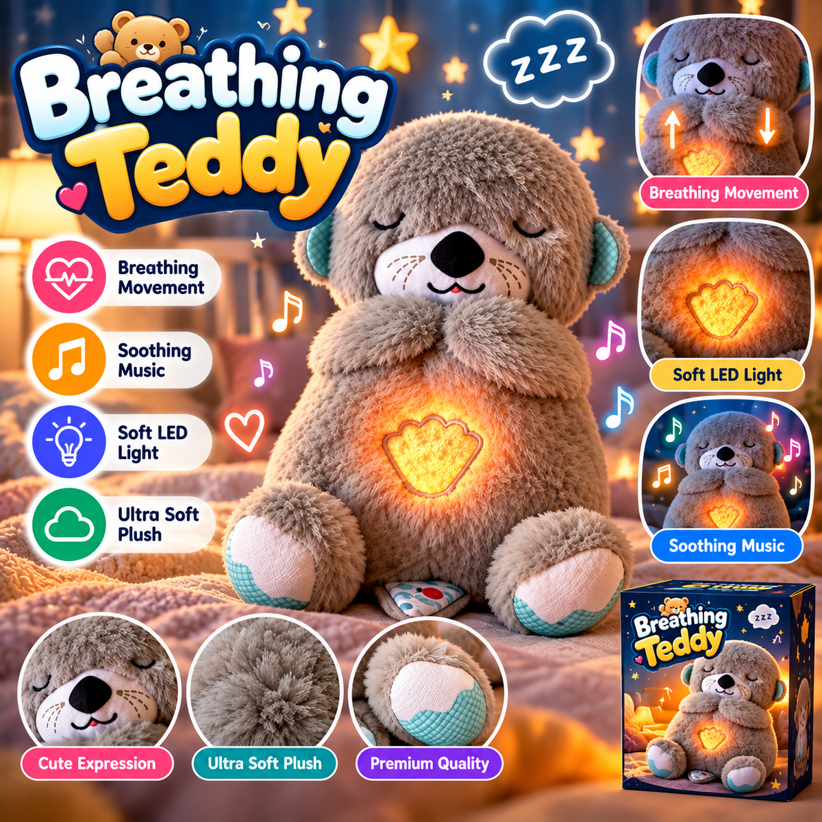 Breathing Teddy Bear with Music, Sound, Light and Breathing Motion || Portable Plush Stuffed Animal Toy || Breathing Teddy Bear Soft Toy for Kids or Adults (Multicolor) (Teddy Bear)