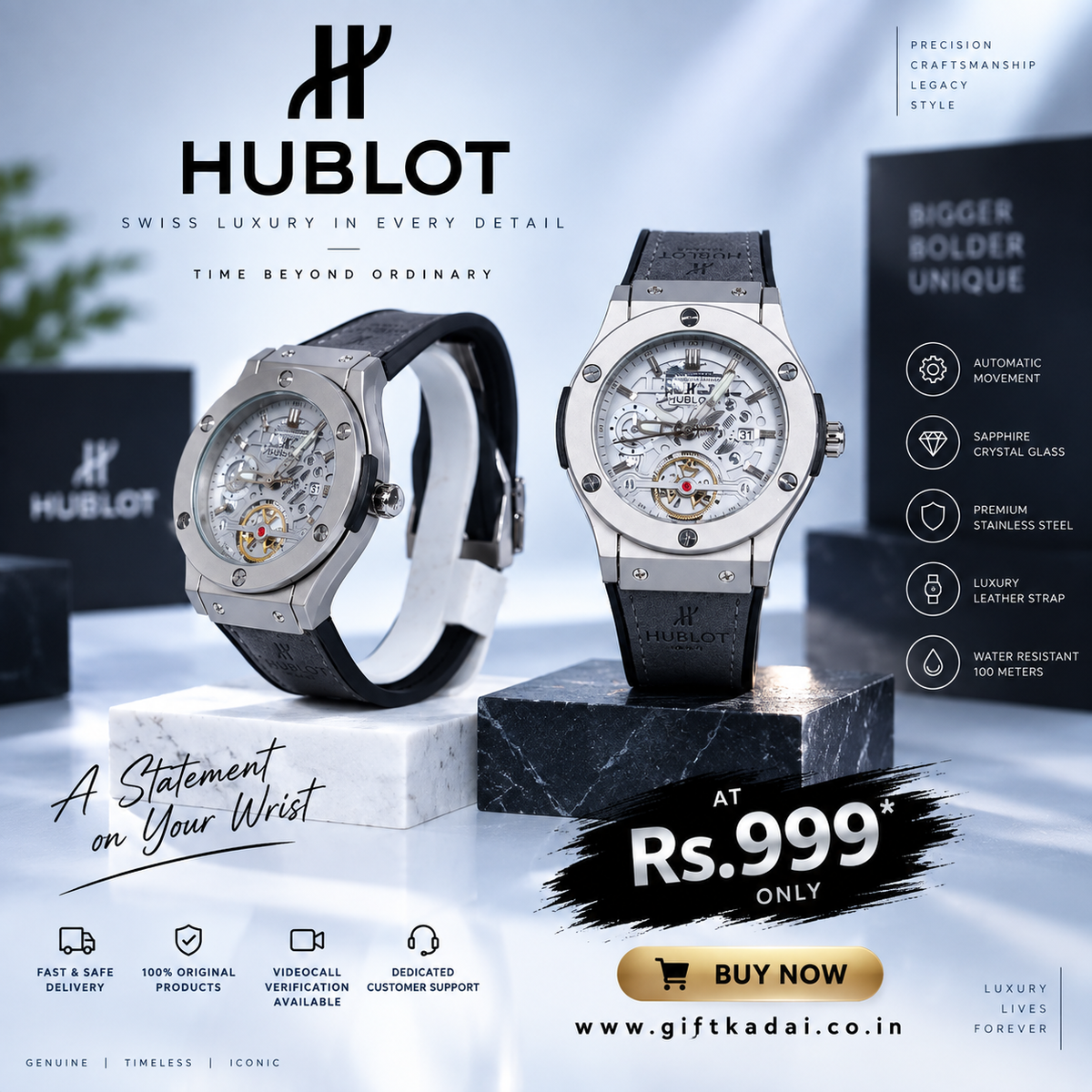 Hublot Chrono Leather Strap Watch ( Silver Gray )
