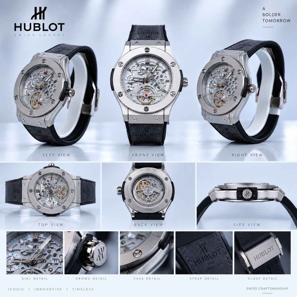 Hublot Chrono Leather Strap Watch ( Silver Gray )