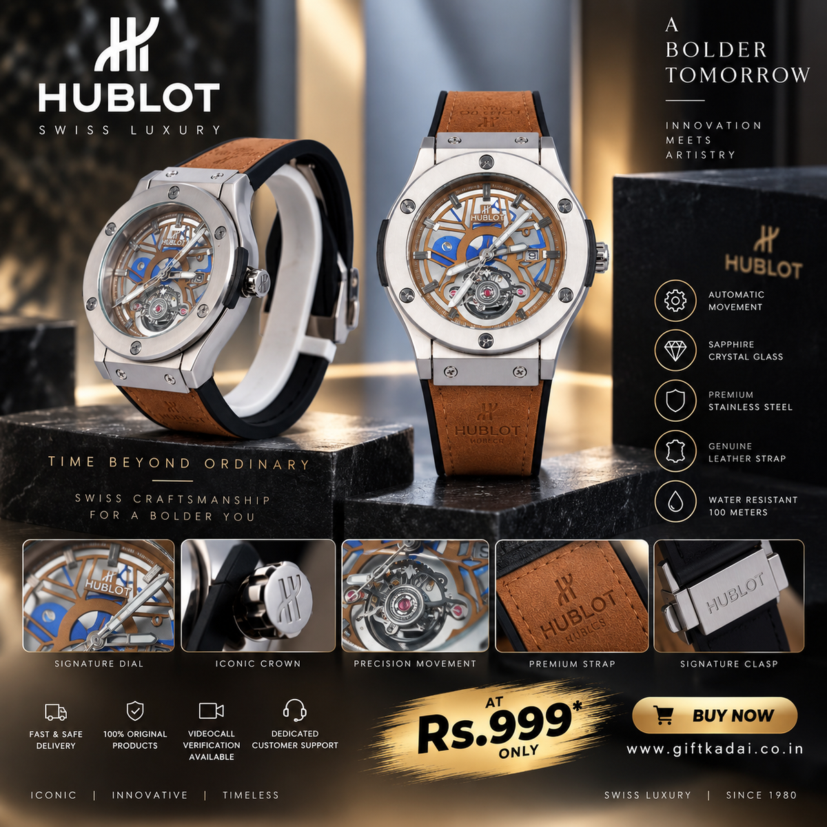 Hublot Chrono Leather Strap Watch ( Tan )