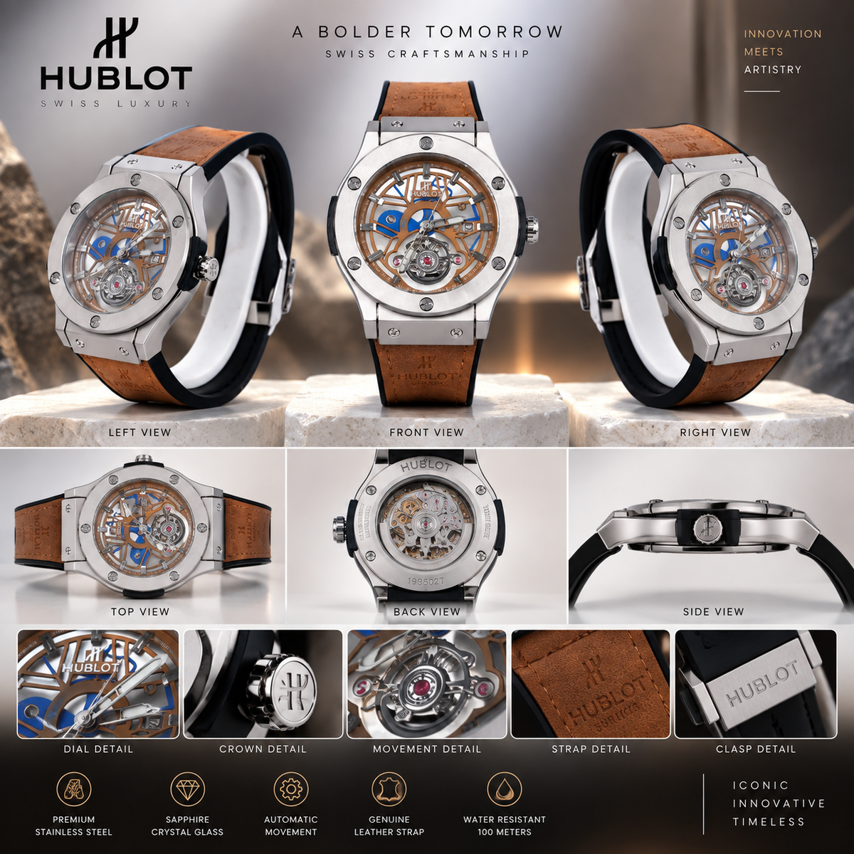 Hublot Chrono Leather Strap Watch ( Tan )