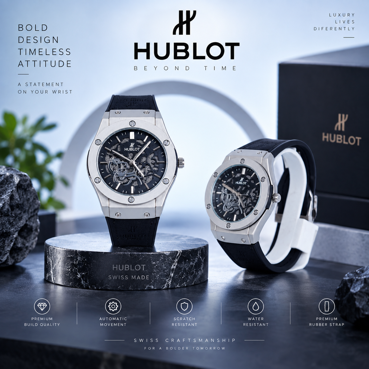 Hublot Chrono Leather Strap Watch ( BK & silver )