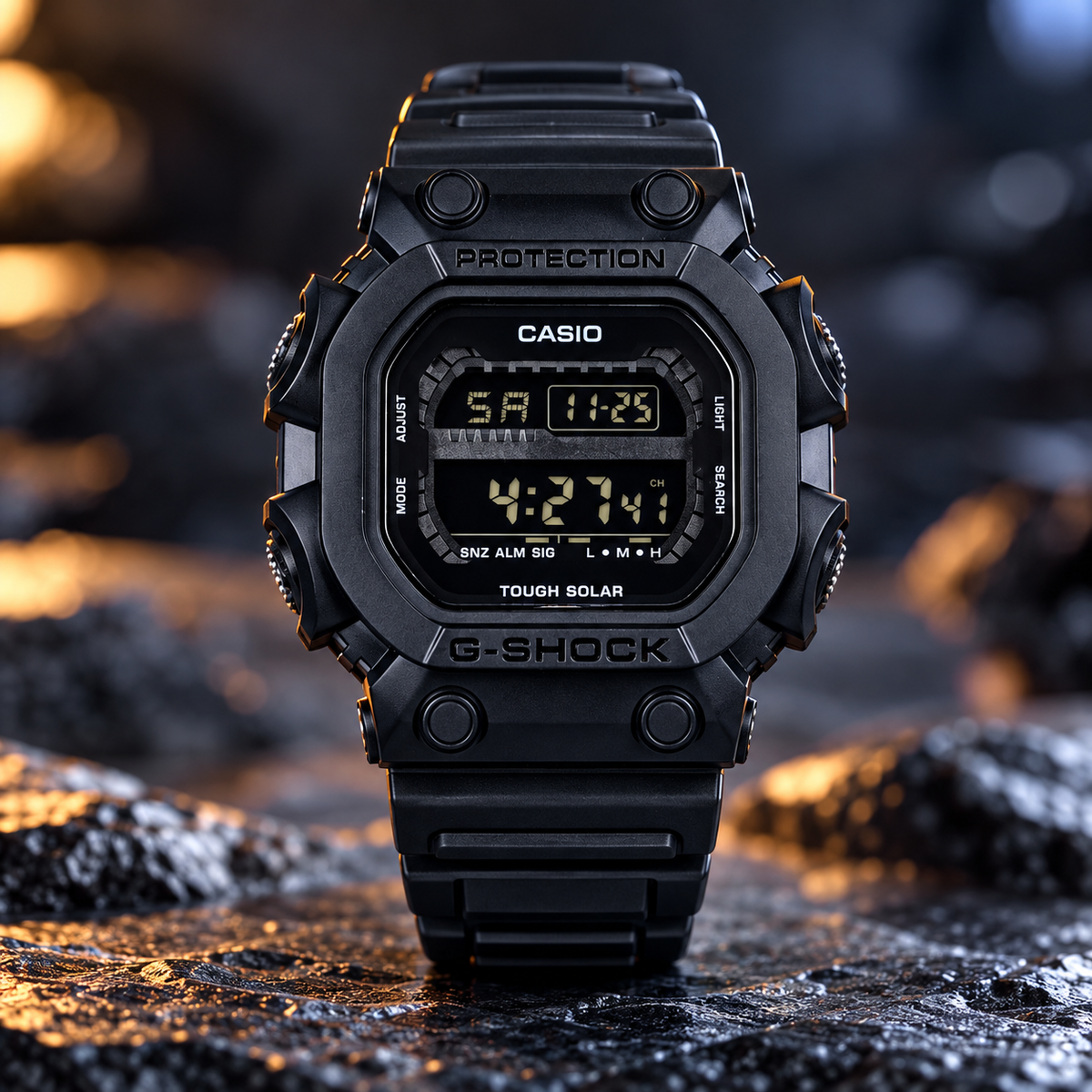 Casio G Shock (all-black digital watch featuring a tough solar power system)