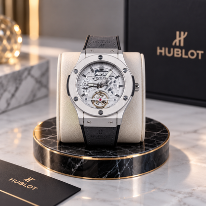 Hublot Chrono Leather Strap Watch ( Silver Gray )