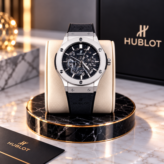 Hublot Chrono Leather Strap Watch ( BK & silver )