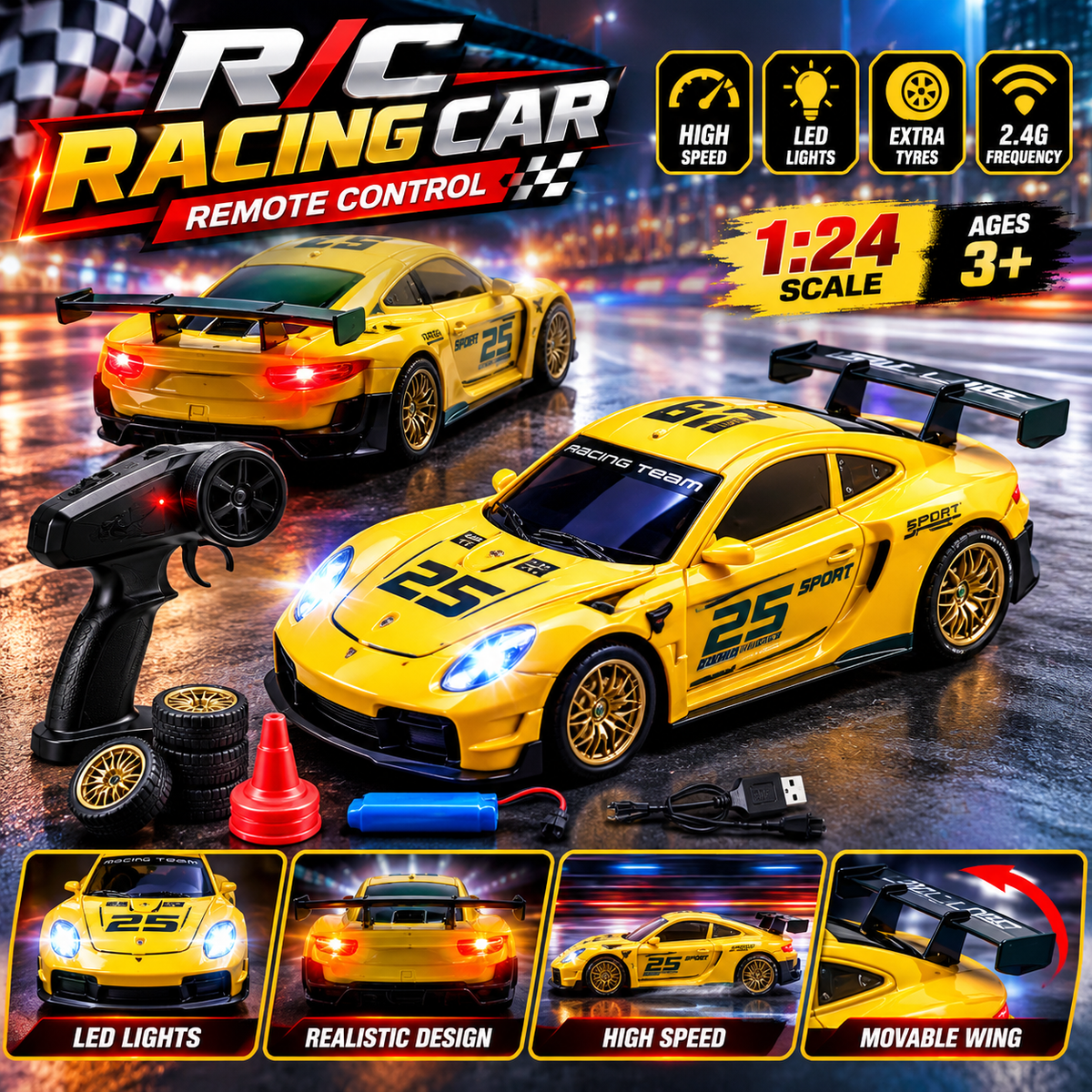 ToyBoi Championship RC Drift Racing Car, 2 in 1 with LED, 4WD, Simulation Drift Function, Yellow