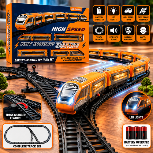 Vande Bharat Toy Train with Track Set for Kids, Interlocking Multiple Railway Track Layout, Electric Express Bullet Train Railway Coaches Tracks Changer Fun Gift,Orange Edition