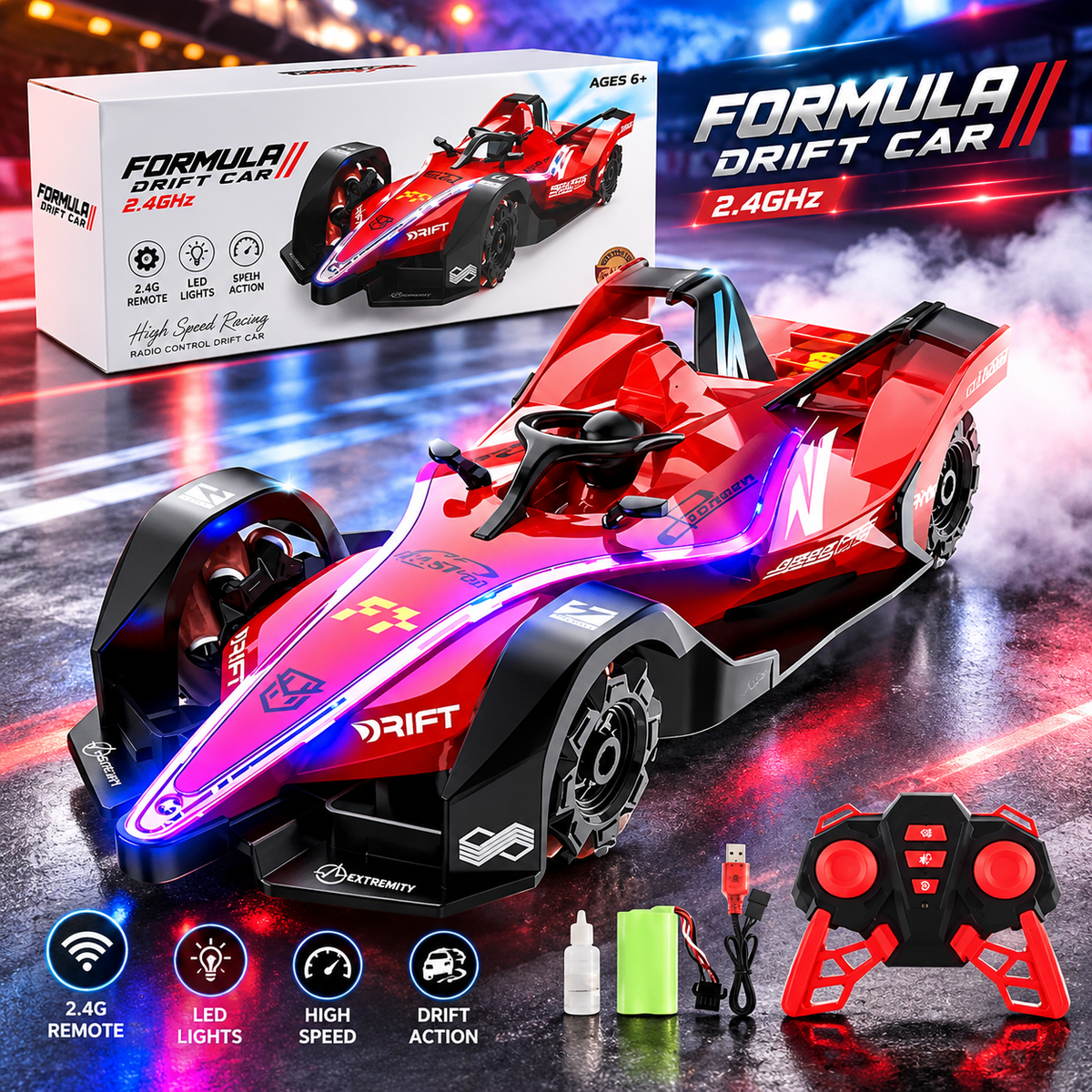 Hosestum F1 RC Drift Car | LED Lights 4WD 2.4GHz 360°Rotating RC Race Sport Stunt Car |High Speed |F1 Model Vehicle Cool Toys Birthday Gifts for Kids Age of 6+