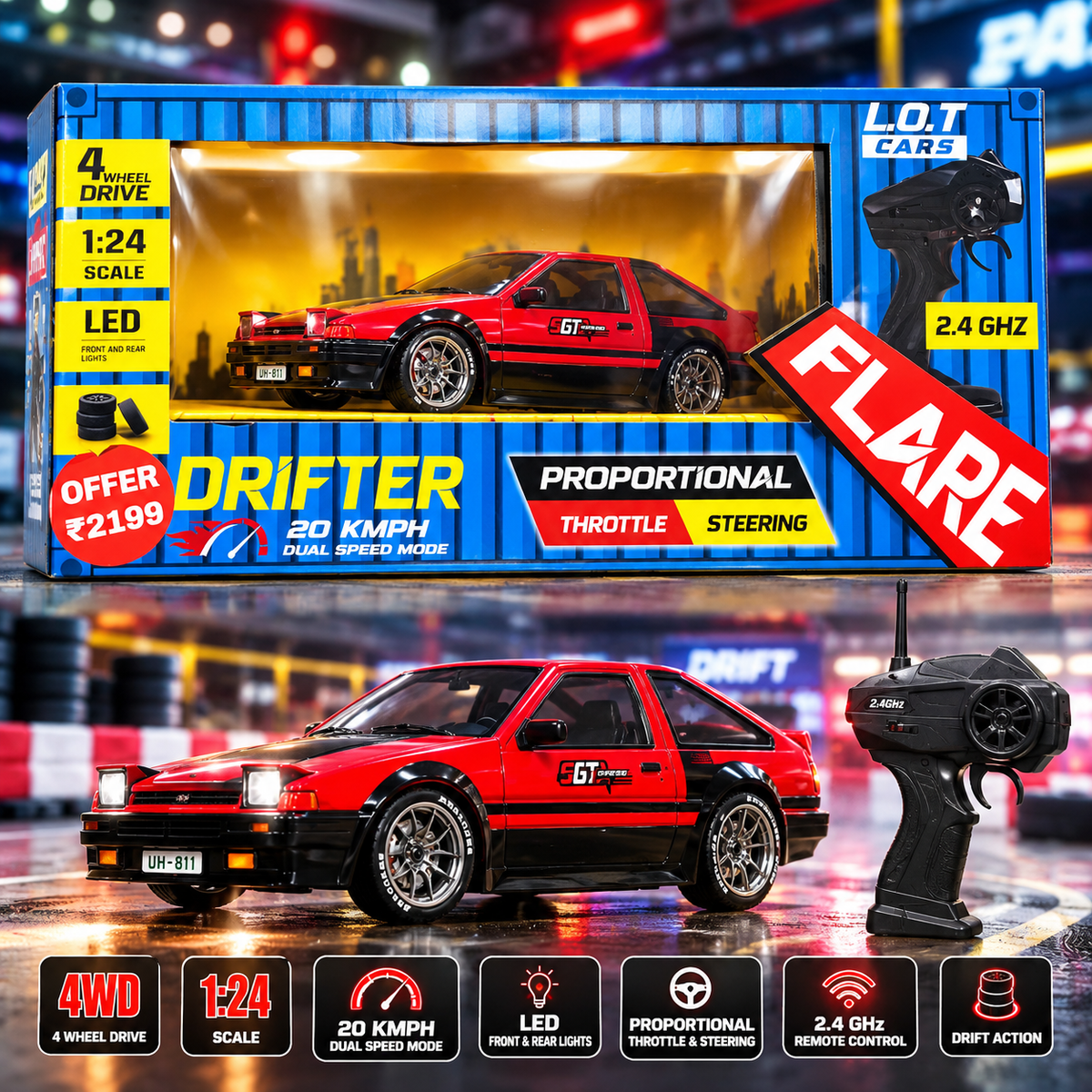 Remotecar, RC Drift Car 1:24, Remote Controlled Car for Kids, 15km/h, 4WD, with Lights, Batteries, Remote ControlledCar, Gift for Boys and Children