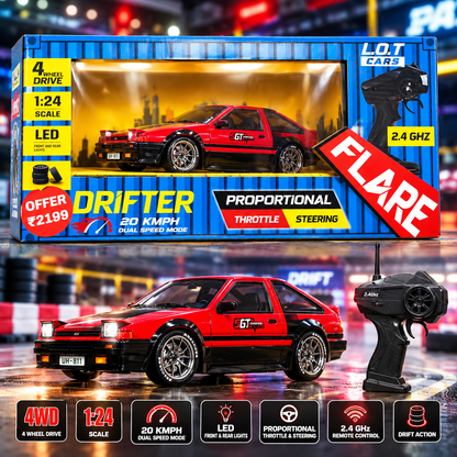 Remotecar, RC Drift Car 1:24, Remote Controlled Car for Kids, 15km/h, 4WD, with Lights, Batteries, Remote ControlledCar, Gift for Boys and Children