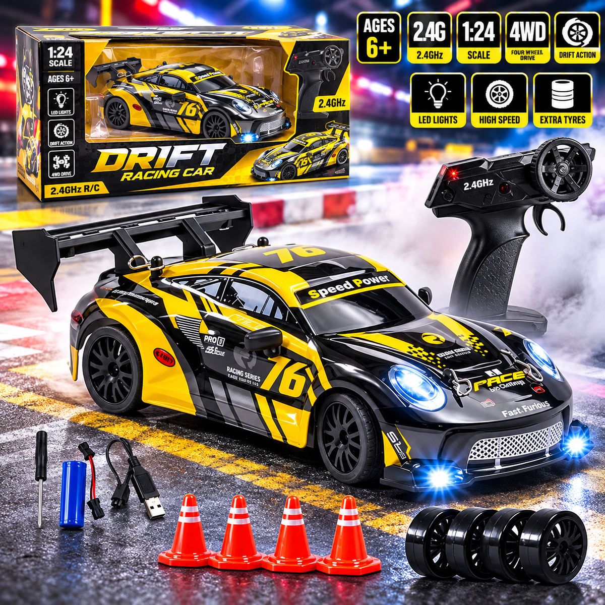 emote Control Drifting Racer RC Car with Multi-LED Lights, Durable Body, (Yellow)