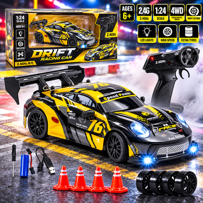 emote Control Drifting Racer RC Car with Multi-LED Lights, Durable Body, (Yellow)