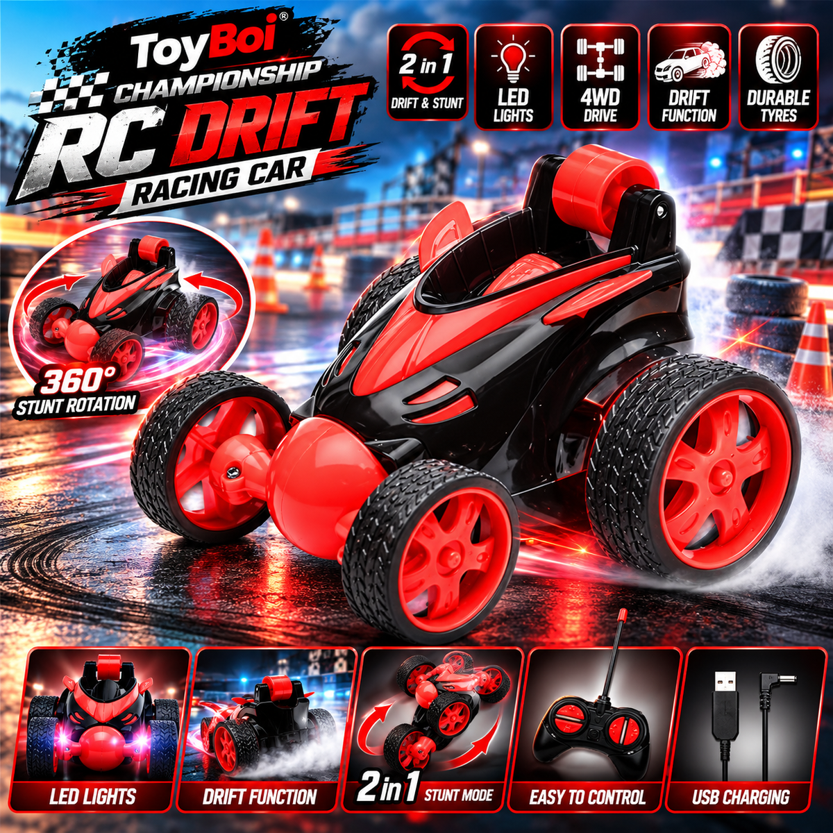Remote Control Stunt Car, Black and Green, 360 Degree Rotation, Rechargeable with USB Cable, Includes Controller